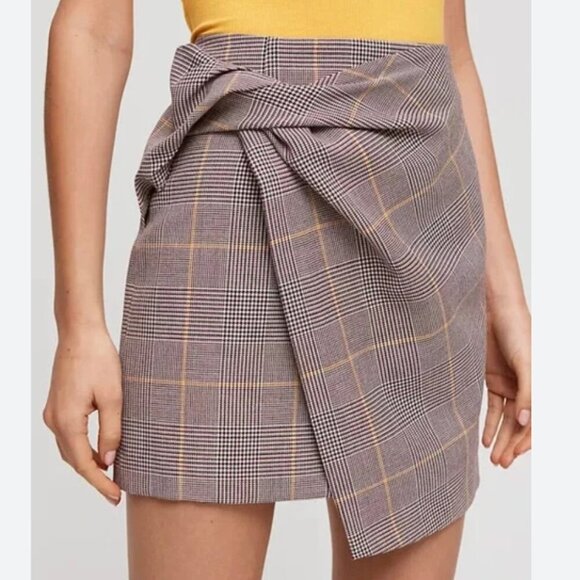 Aritzia Babaton Jethro Faux Twist Wrap Mini Skirt Brown &‎ Gold Plaid Size 6 - Picture 1 of 6